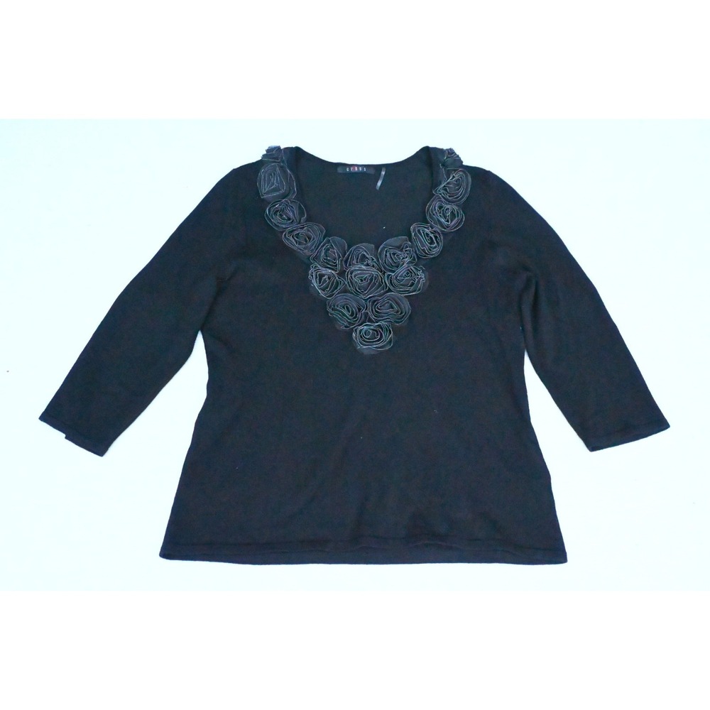 Cyrus Womens L Black Rosette Bib Knit Top Scoop Neck Three Quarter Sleeve Soft